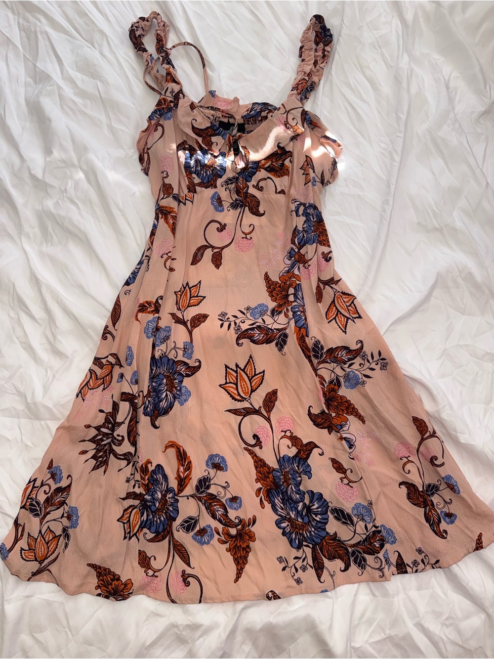 Angie Peach Floral Sundress with Blue & Brown Print